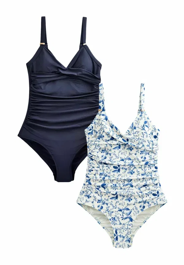 Купальник женский с принтом Regular fit - tummy control swimsuits 2 pack, Next, Cream Blue Ditsy Navy, темно-синий/кремовый