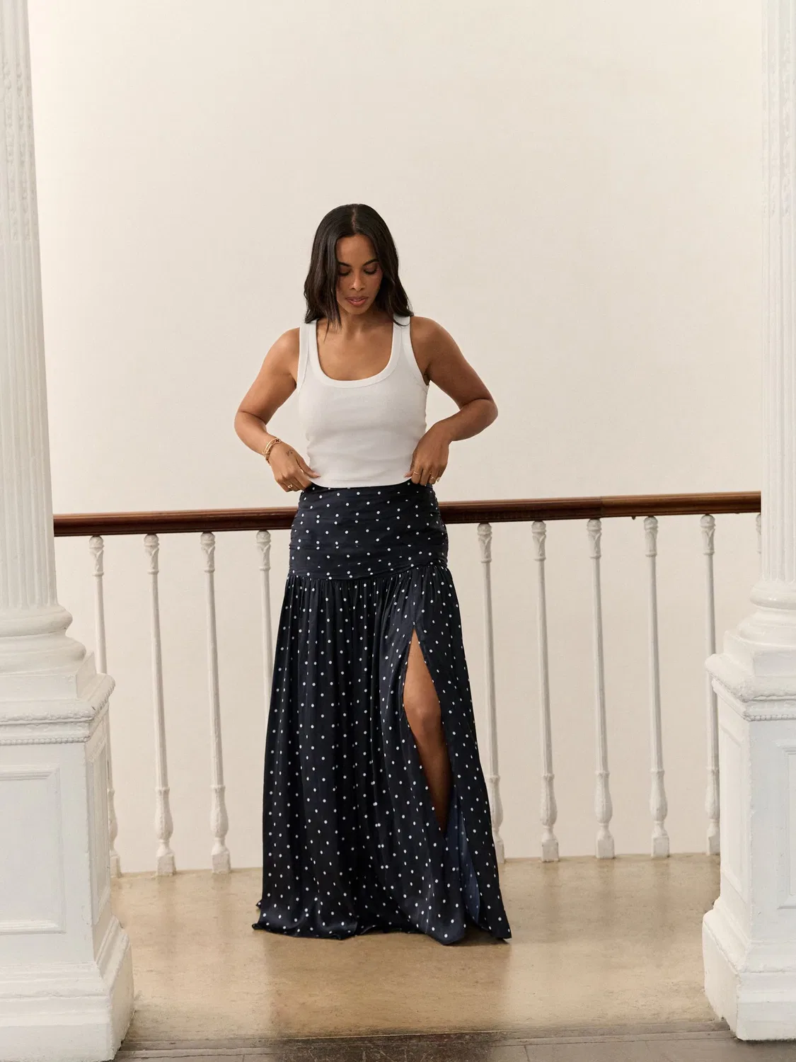 Юбка макси с заниженной талией, горох, модель Drop Waist Next, темно-синий в горох