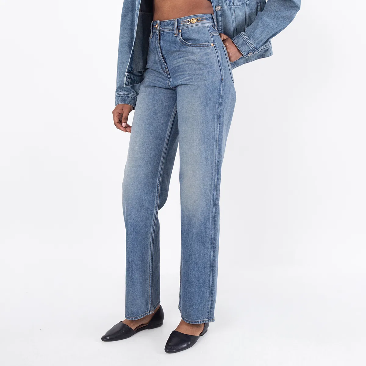 Джинсы прямого кроя из хлопкового денима Versace, Medium Blue — фото 3