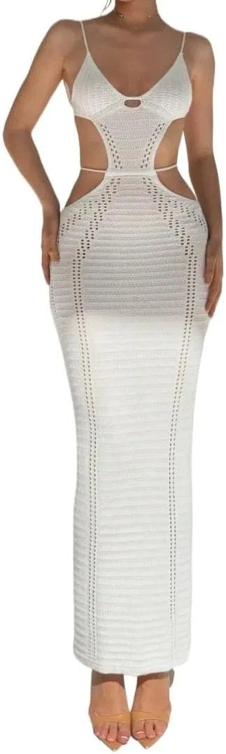 Женское длинное платье на бретелях с вырезами Knitwear, White