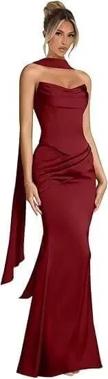 Женское вечернее платье-русалка с шарфом Satin, Burgundy