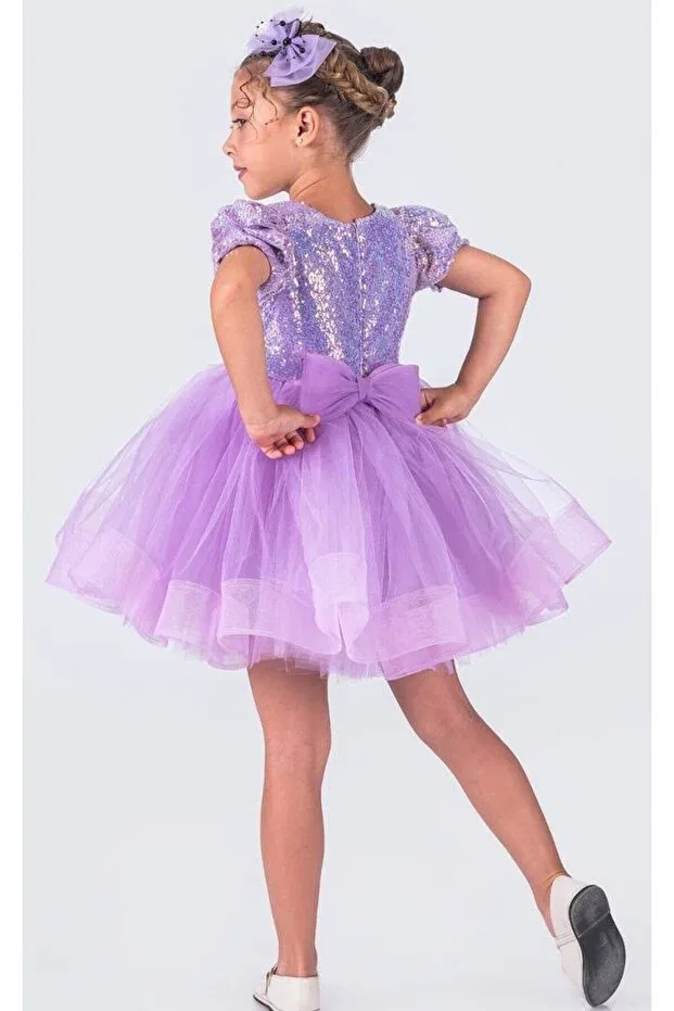 Детское платье для девочек с пайетками Lilac sequined short sleeve ball gown pageant gown april 23 kids evening dress Abiyekids, Lila — фото 3