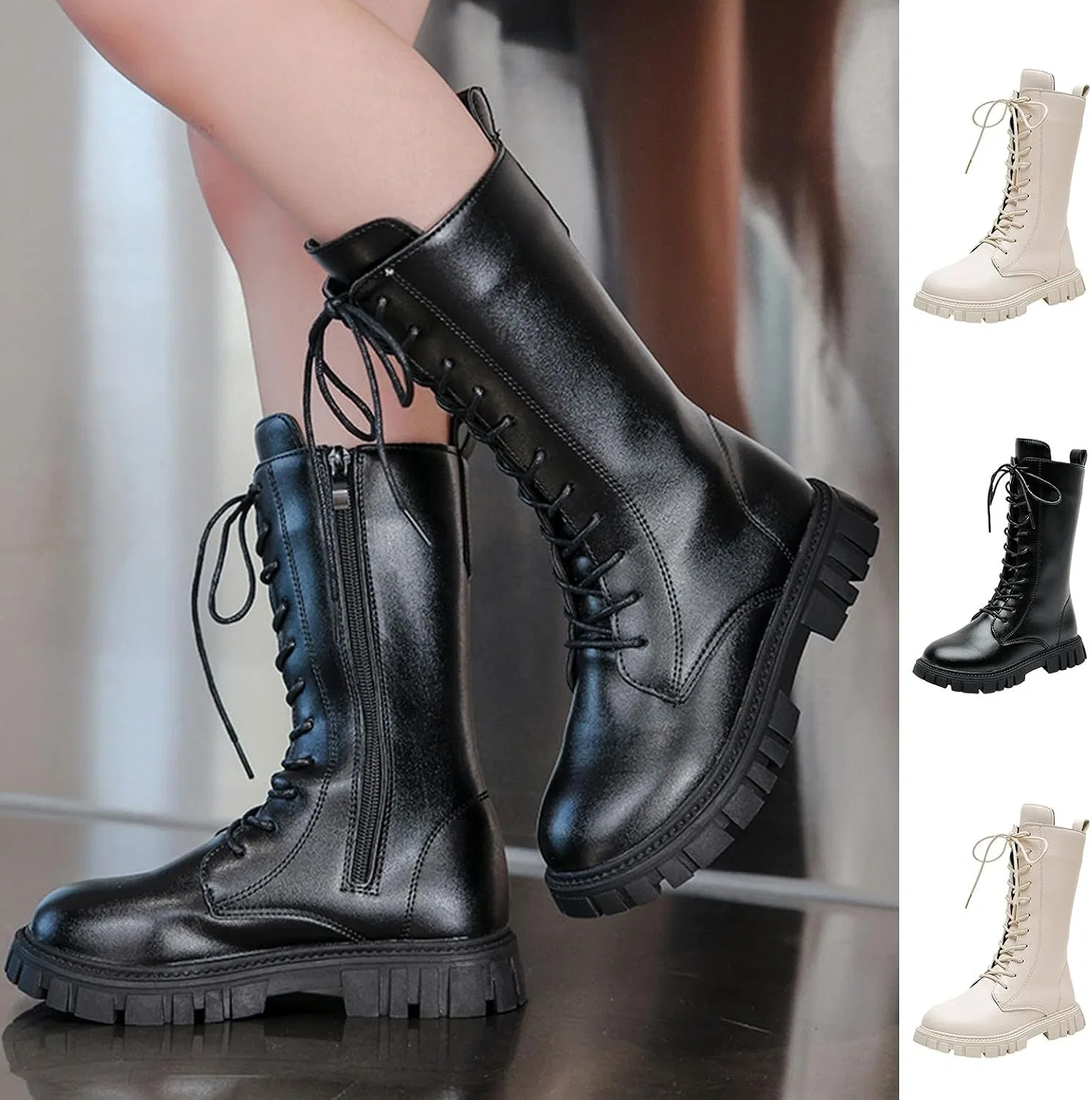Детские ботинки для девочек с принтом, модель Girls Lace Up Combat Boots, White — фото 2