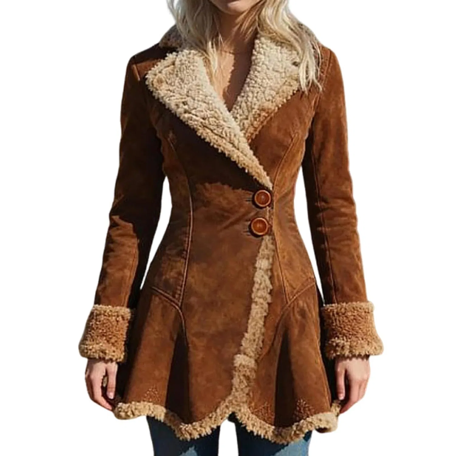 Женская куртка из замши с меховой подкладкой Suede Coat Faux Fur Lined Winter Thick Warm Ruffle Lapel Jacket Slim Fit Mid-Length Thermal Tunics, Marrone cioccolato