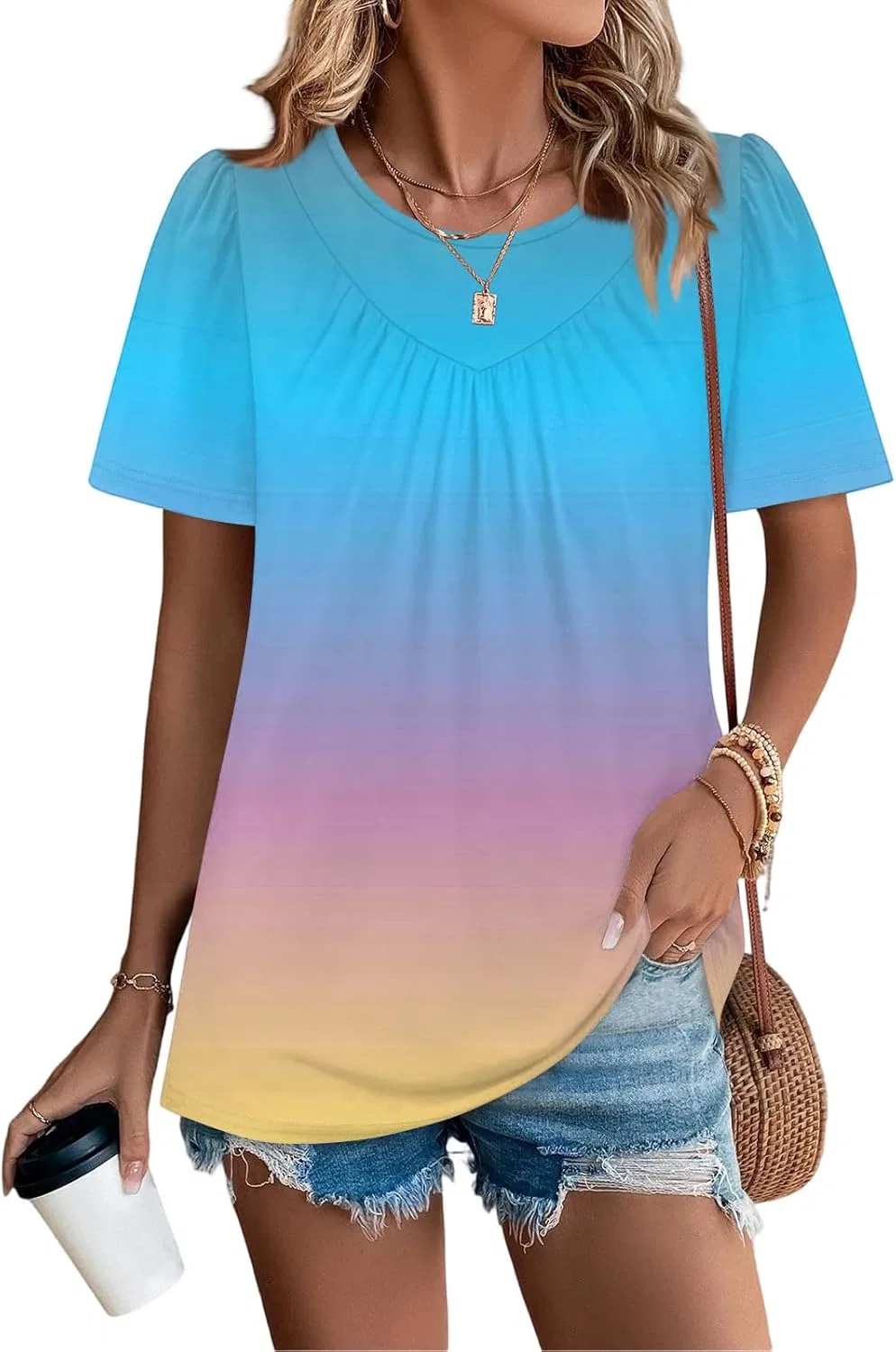 Женская футболка с плиссированным воротником Summer Tops, Sky Blue