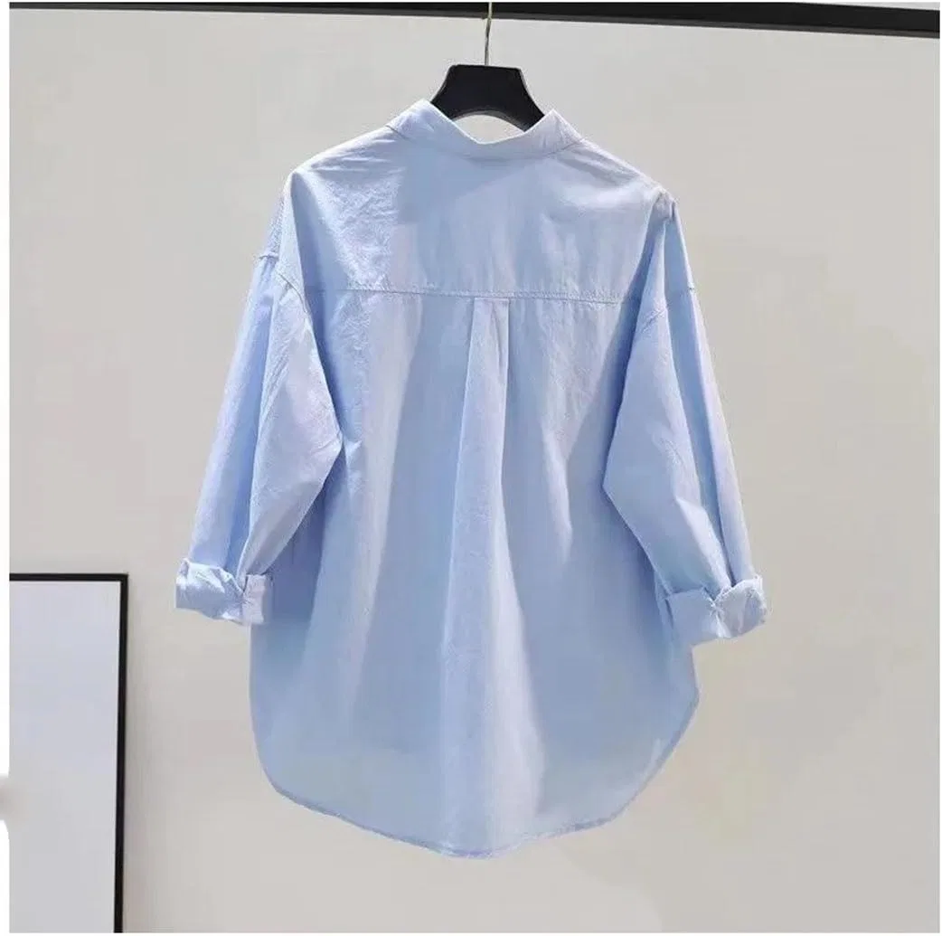 Женская свободная рубашка с воротником-стойкой для защиты от солнца, Blue — фото 3