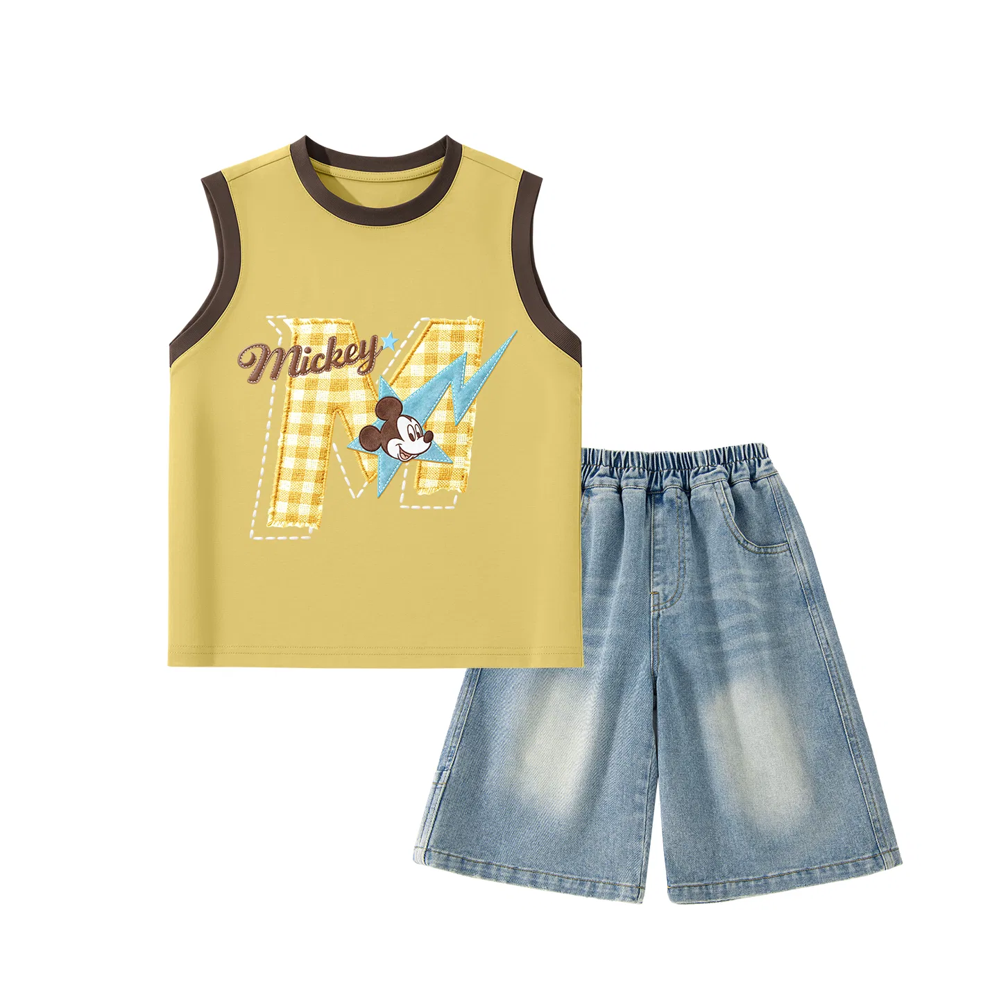 Детский спортивный костюм с круглым вырезом, Disney, Diying Standard Brown Yellow+Solid Color Denim Blue