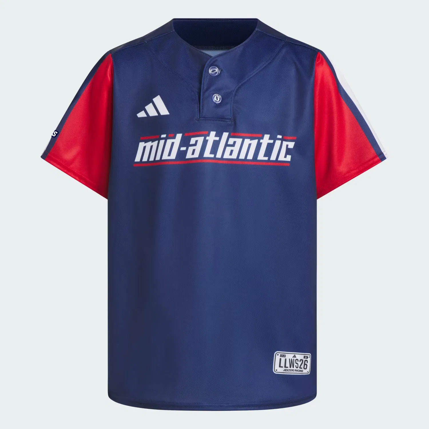 Детская бейсбольная футболка с планкой на двух пуговицах Mid Atlantic Little League World Series Adidas Performance, темно-синий с красным