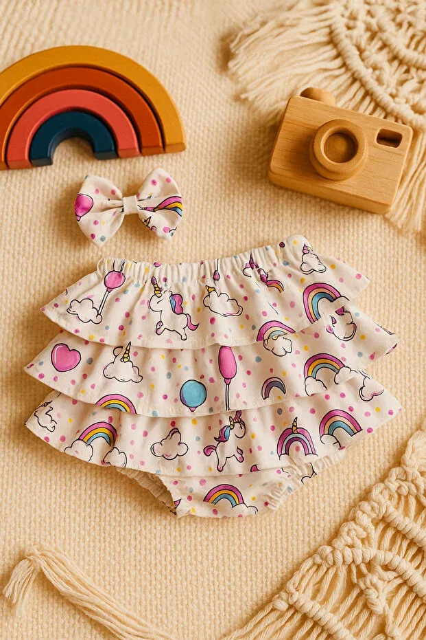 Детский комплект для девочек с принтом Candy Patterned Ruffle Shorts Skirt Bandana Set Mini Kids Baby, Mixed