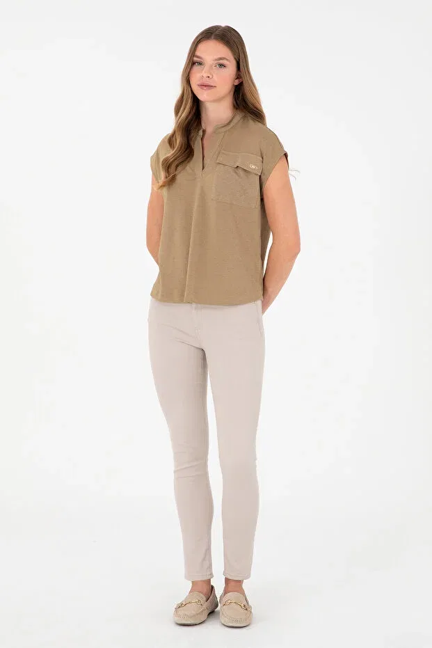 Женская блуза с воротником-мандарин и коротким рукавом U.S. Polo Assn., Khaki — фото 4