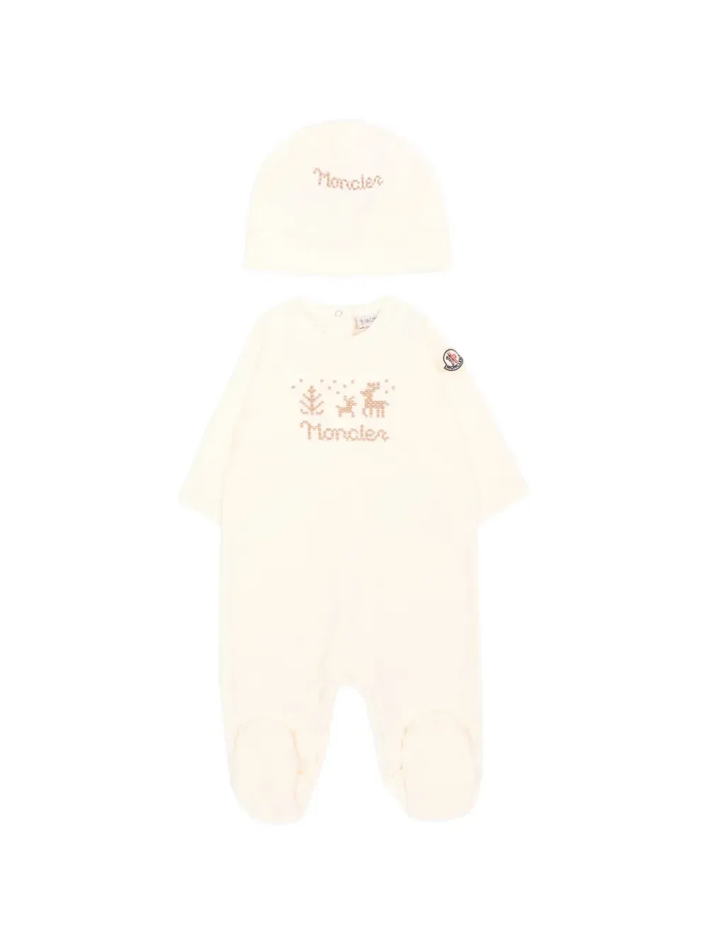 Комплект из комбинезона и шапки с вышитым логотипом Moncler Enfant, бежевый