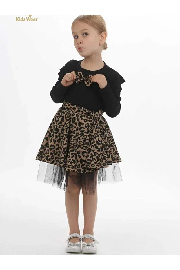 Детское платье для девочек с принтом Girl's dress leopard print tulle lycra stretchy combed cotton dress Azra Çocuk Giyim, Black — фото 3