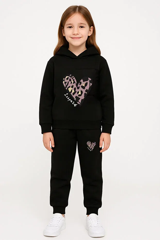 Детский комплект свитшота и брюк для девочек с принтом Leopard Heart Printed Let'S Wear, Black