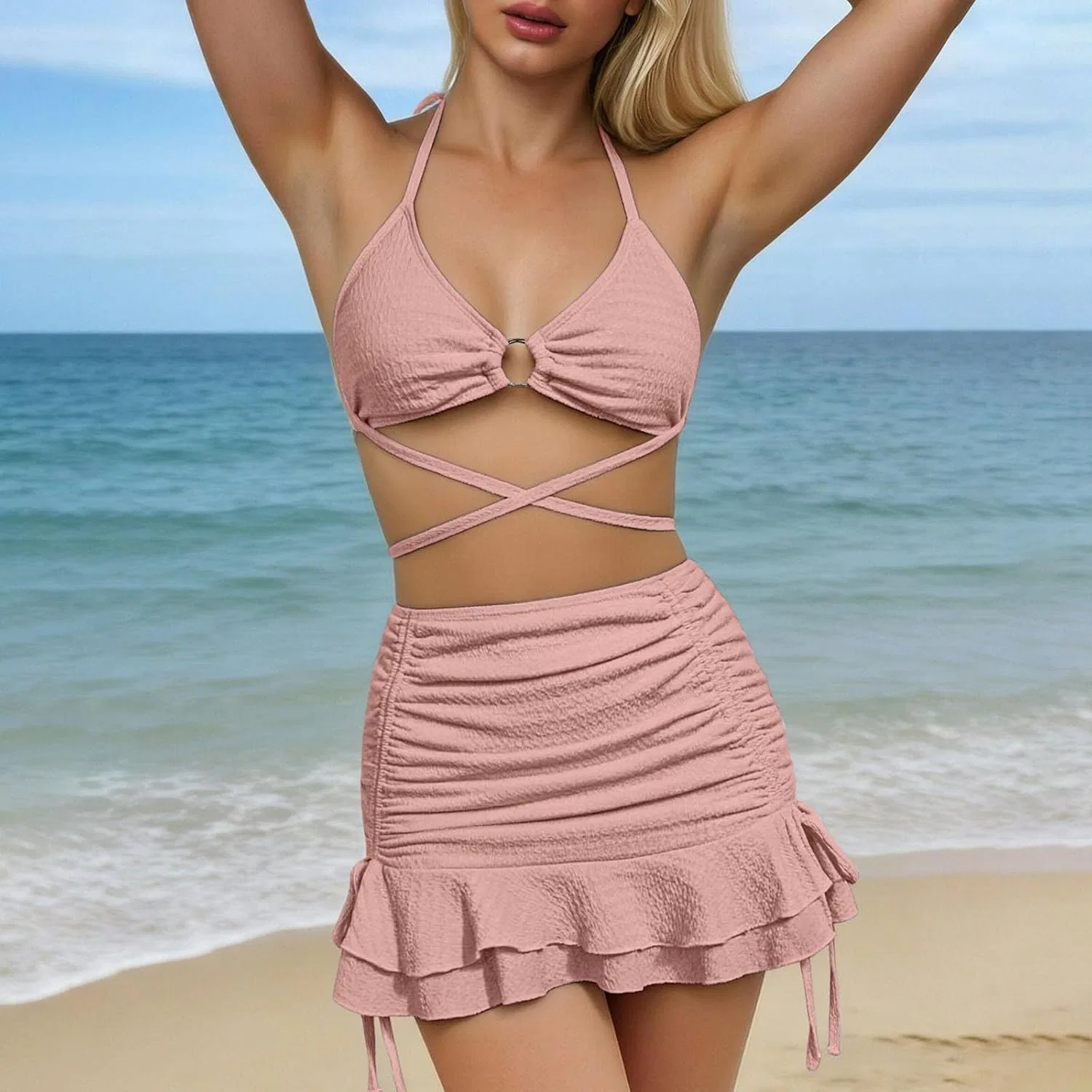 Женский бикини-комплект с воланами и мини-юбкой, Pink — фото 3