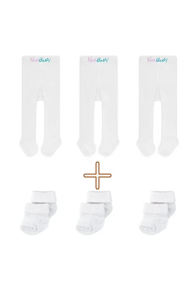 Детский комплект колготок и носков из хлопка и бамбука 3-Piece baby and kids cotton pantyhose & newborn bamboo baby socks set Novibaby, White