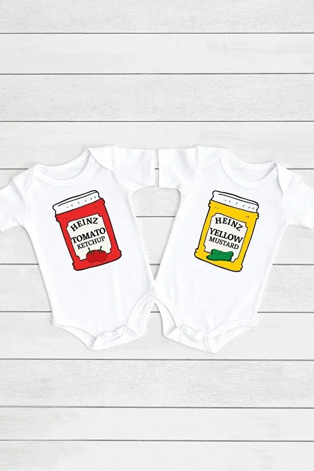 Детский комплект боди с принтом Unisex baby white ketchup mustard 2-piece body set with snap fasteners Limon, White