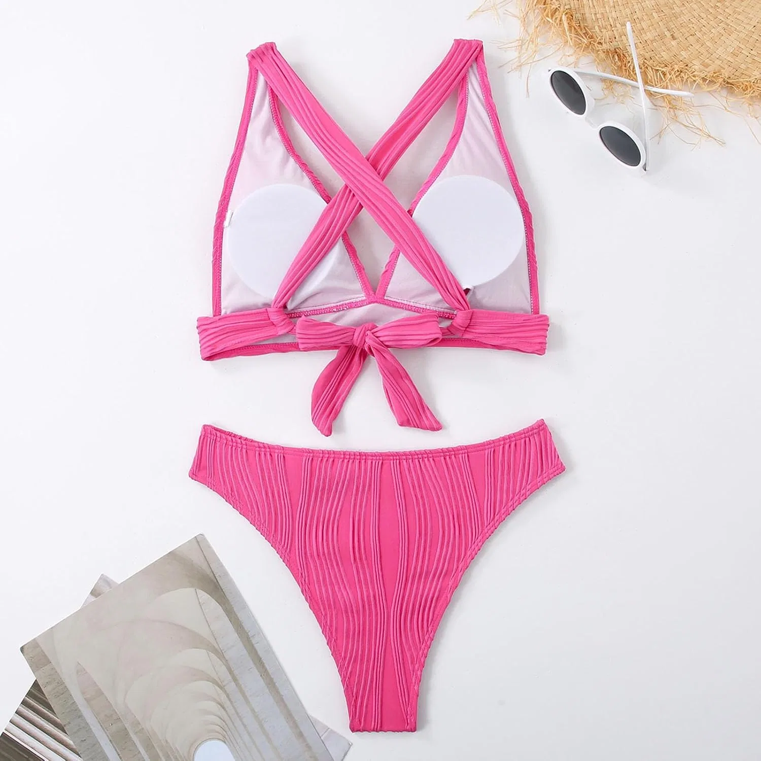 Женский бикини-сет с глубоким V-вырезом и завышенной талией, Hot Pink — фото 4