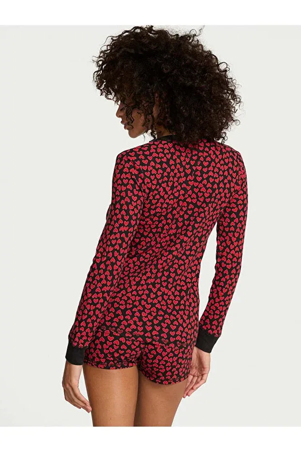 Женский комплект пижамы с длинным рукавом Henley Thermal Shorts Pajama Set Victoria'S Secret, Black And Red Heart — фото 2