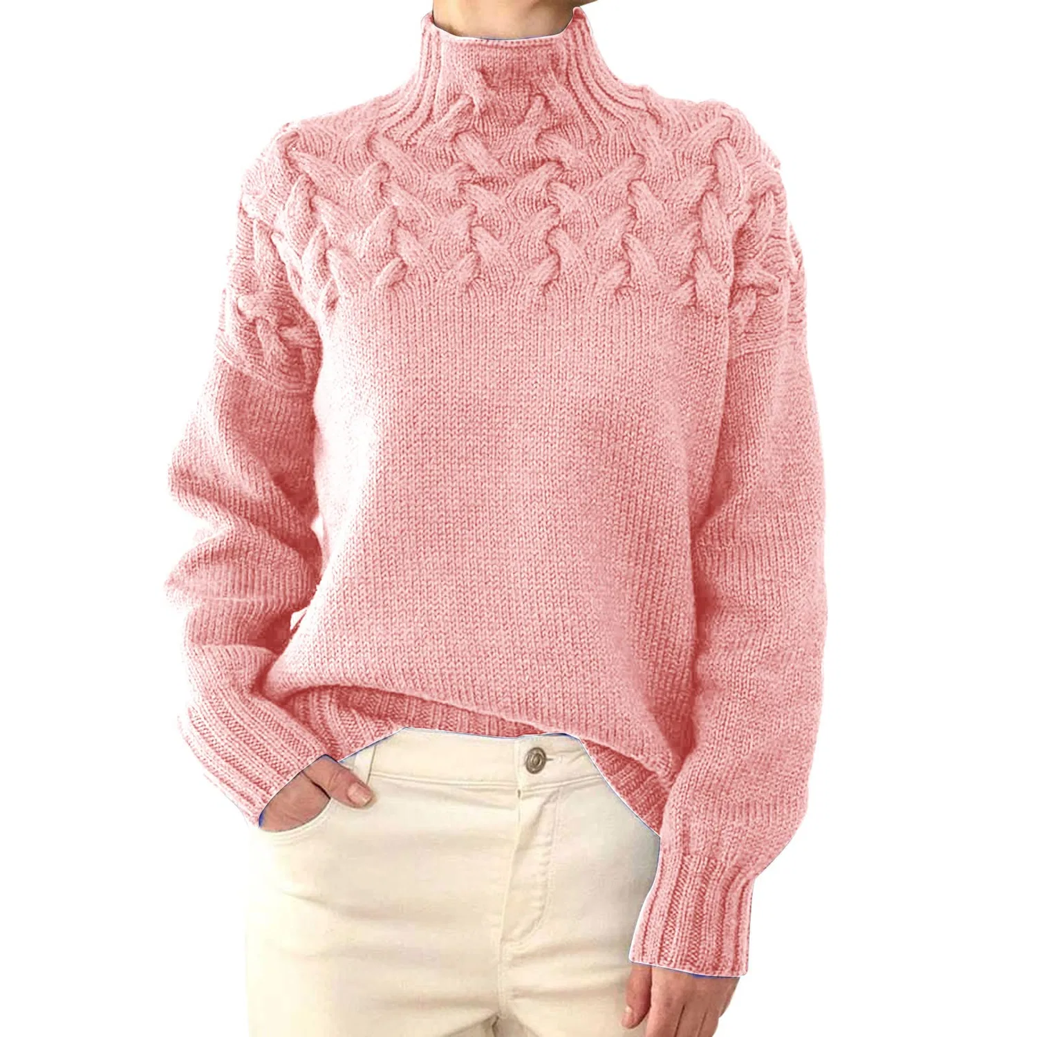 Женский свитер с высоким воротом и косами, с длинным рукавом, Pink