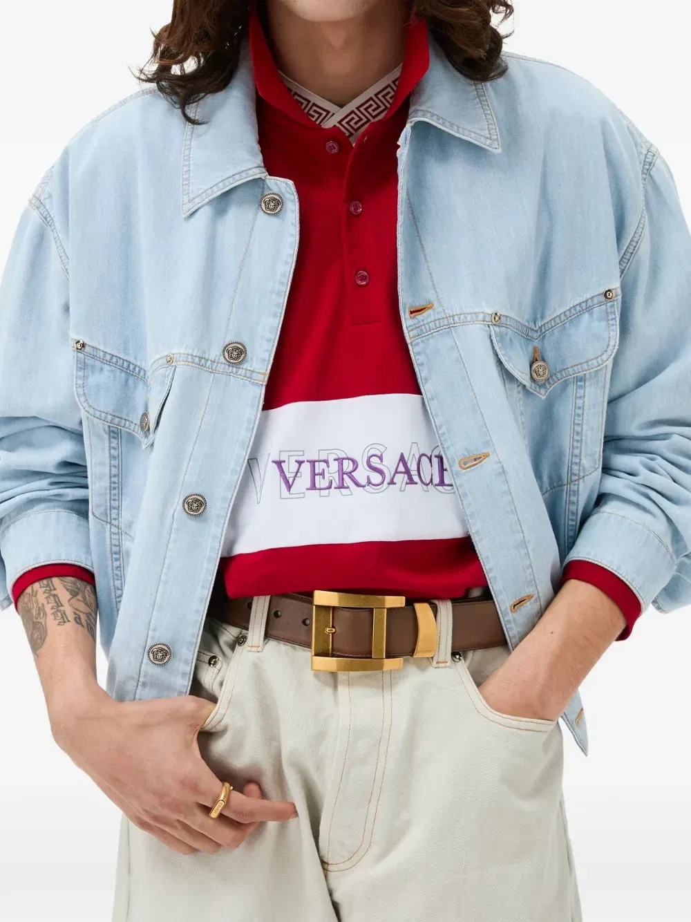 Джинсовая куртка с эластичным поясом Versace, синий — фото 2