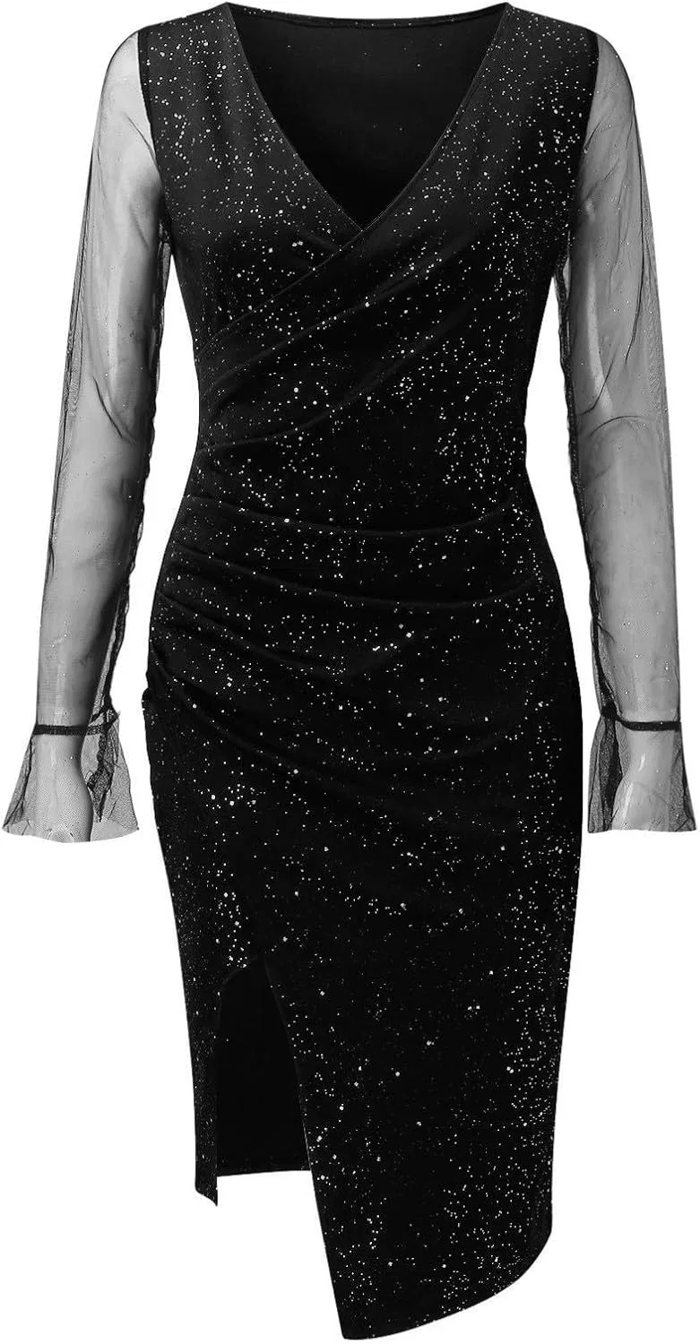 Женское платье для коктейля с пайетками, с длинным рукавом, V-образным вырезом, эластичное, плюс сайз, чёрный — фото 3
