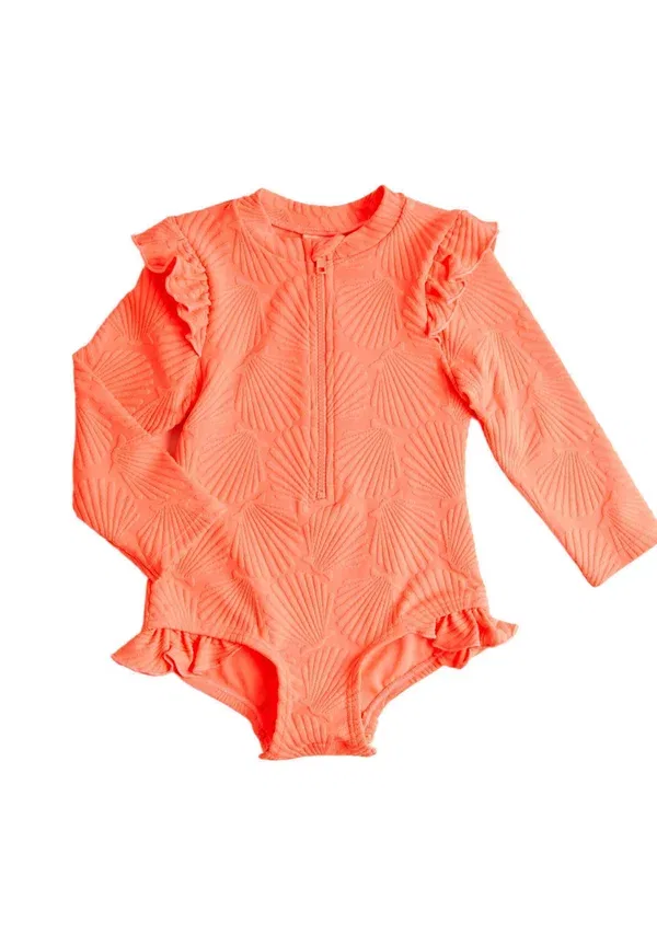 Купальник с длинным рукавом, текстурированный Long sleeve frill textured swimsuit Marks & Spencer, coral, коралловый