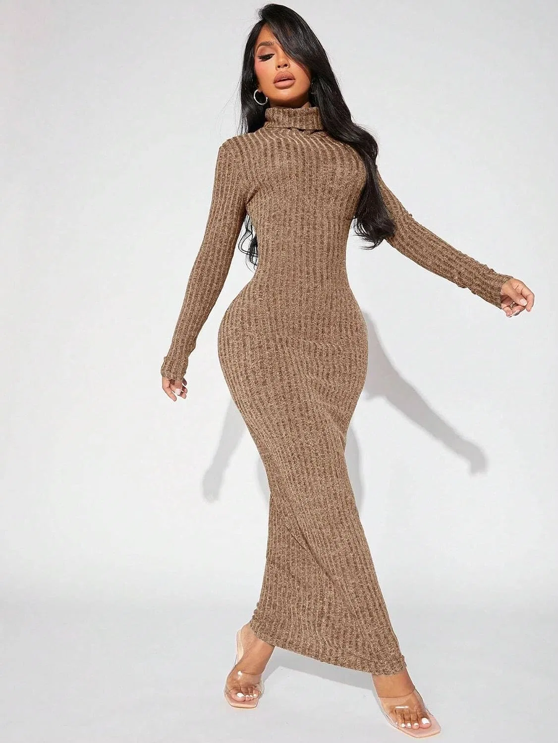Женское облегающее платье с высоким воротником Bodycon, Mocha Brown — фото 3