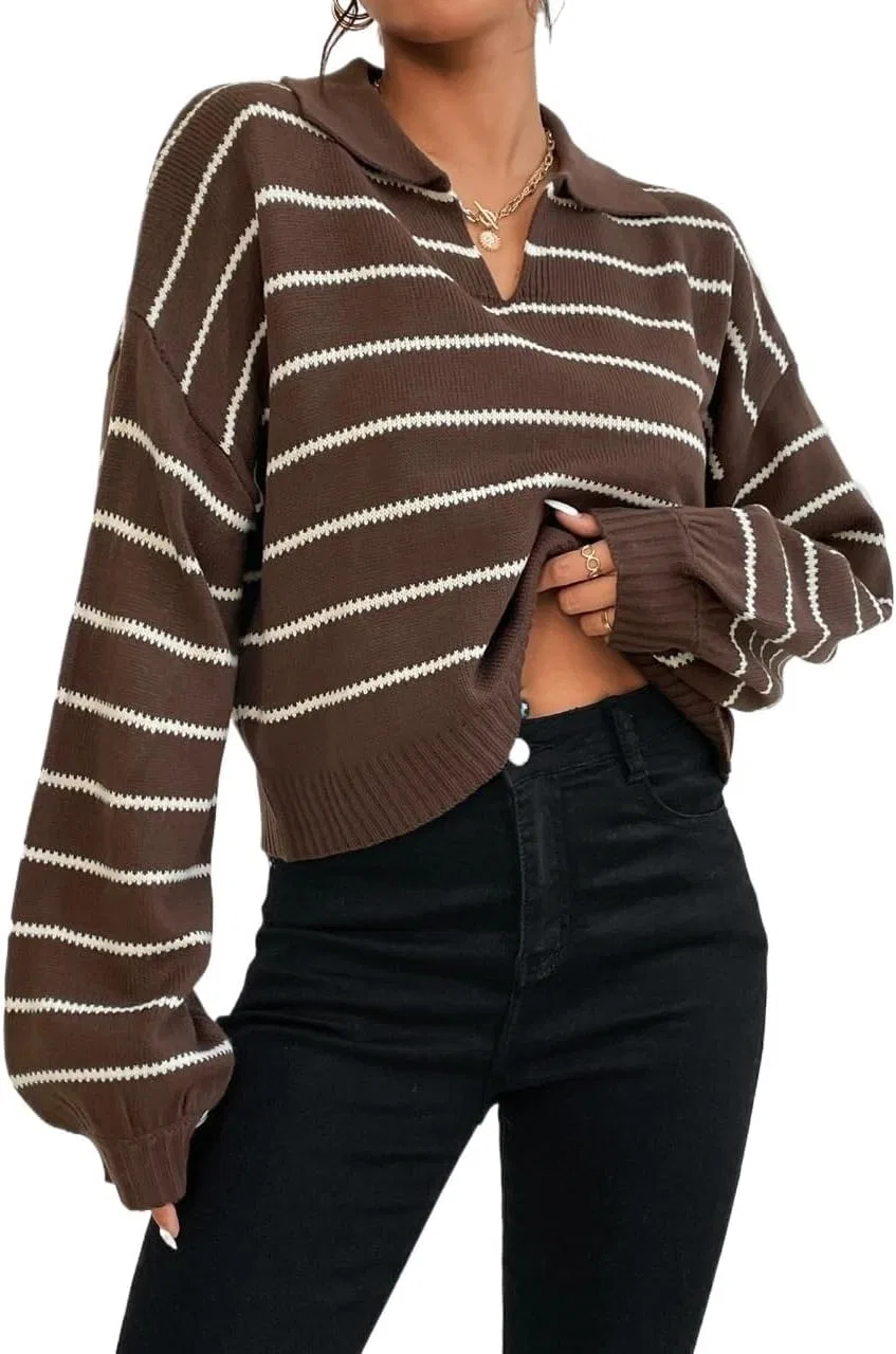 Женский свитер с принтом, Fall Winter Long Sleeve Cropped, коричневый