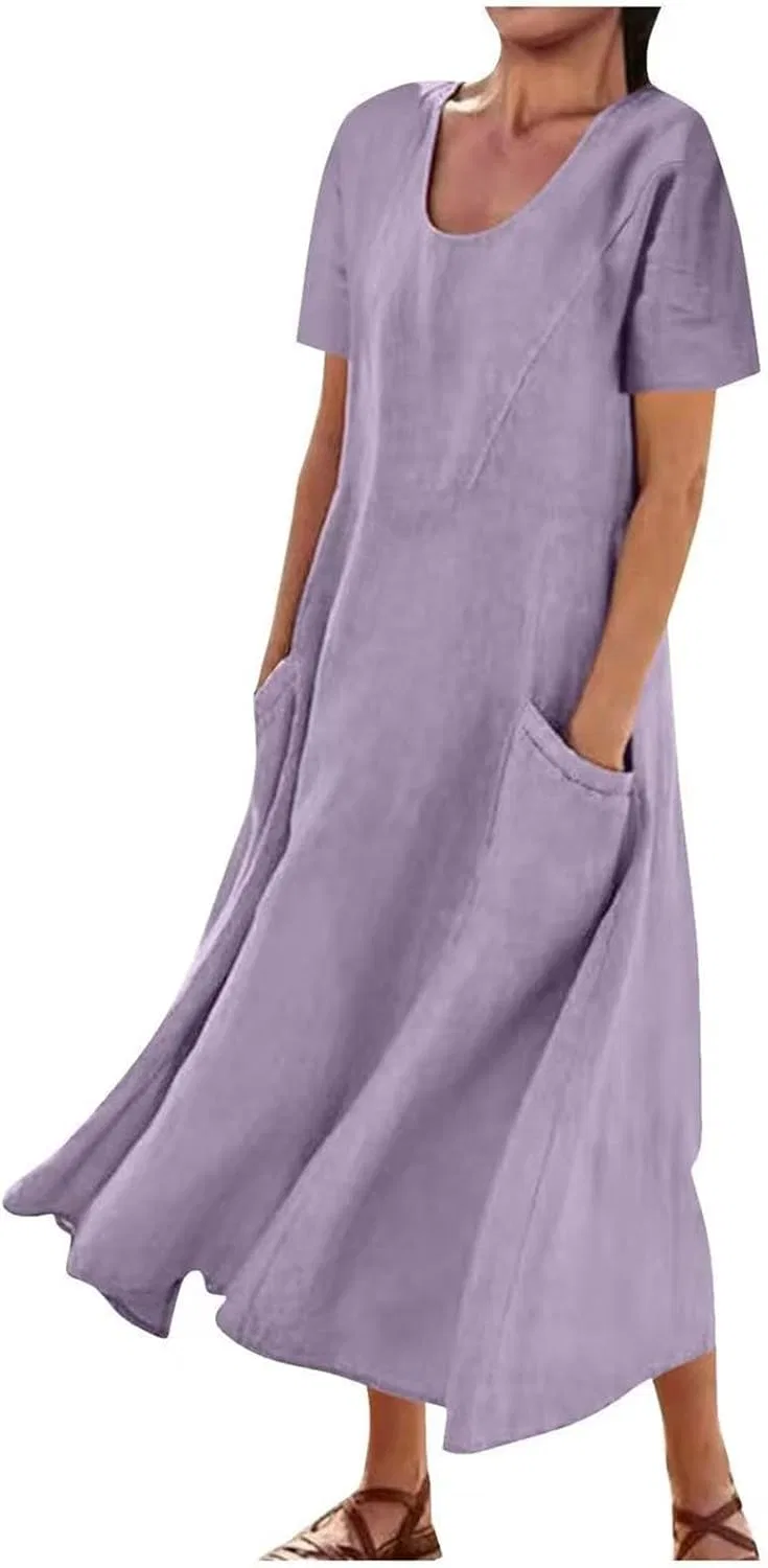 Женское летнее платье с коротким рукавом из льна и хлопка, Purple