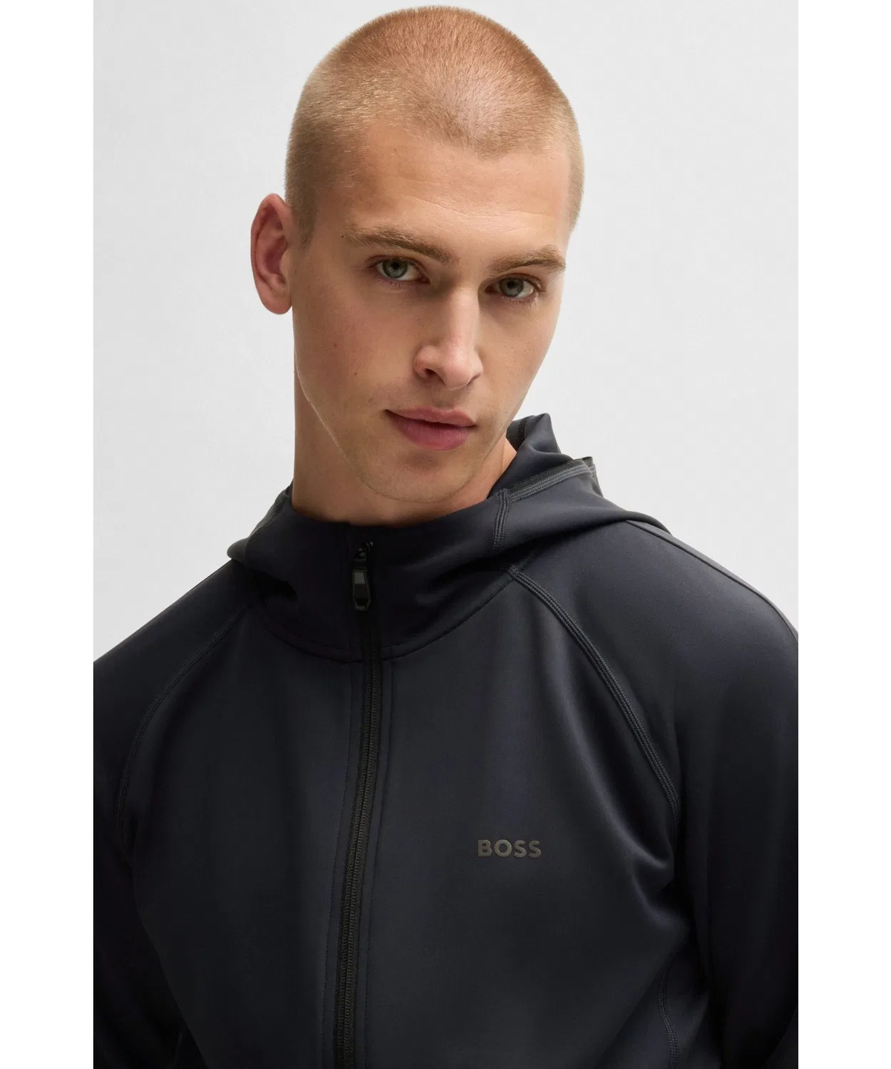 Мужской худи с принтом Active Stretch Zip Up Hoodie BOSS, Dark Blue — фото 2