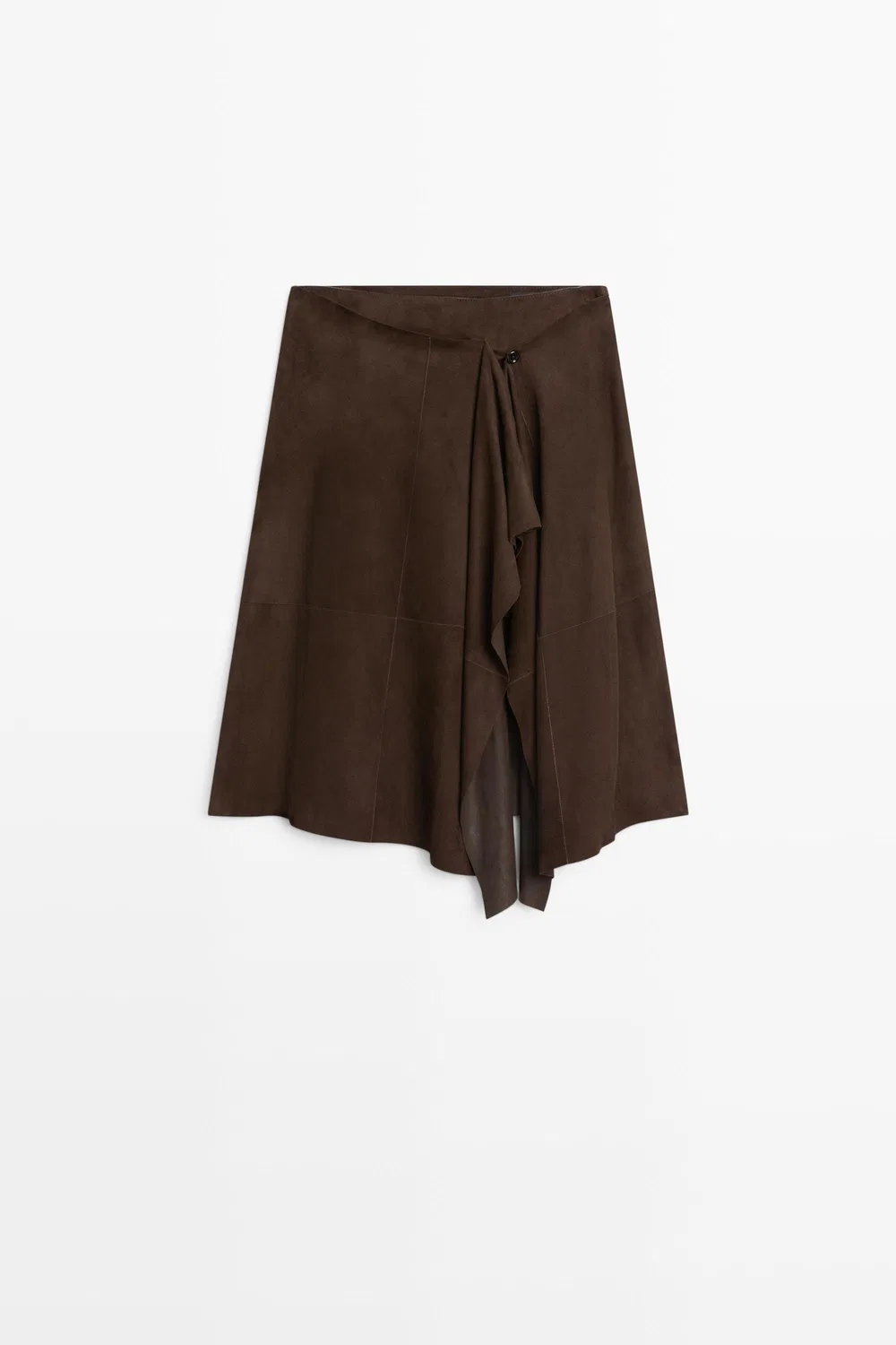 Юбка-миди Massimo Dutti Suede Leather With Ruffle Detail , коричневый — фото 2