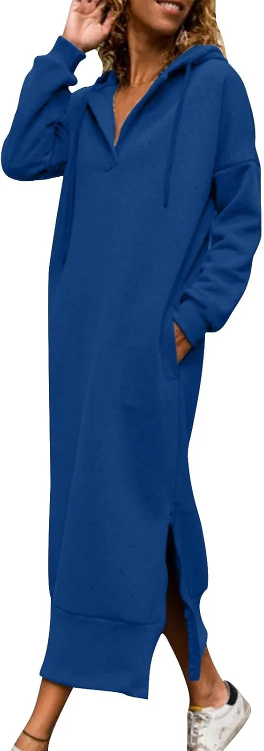 Женское худи-платье свободного кроя с капюшоном Solid Color, Blue