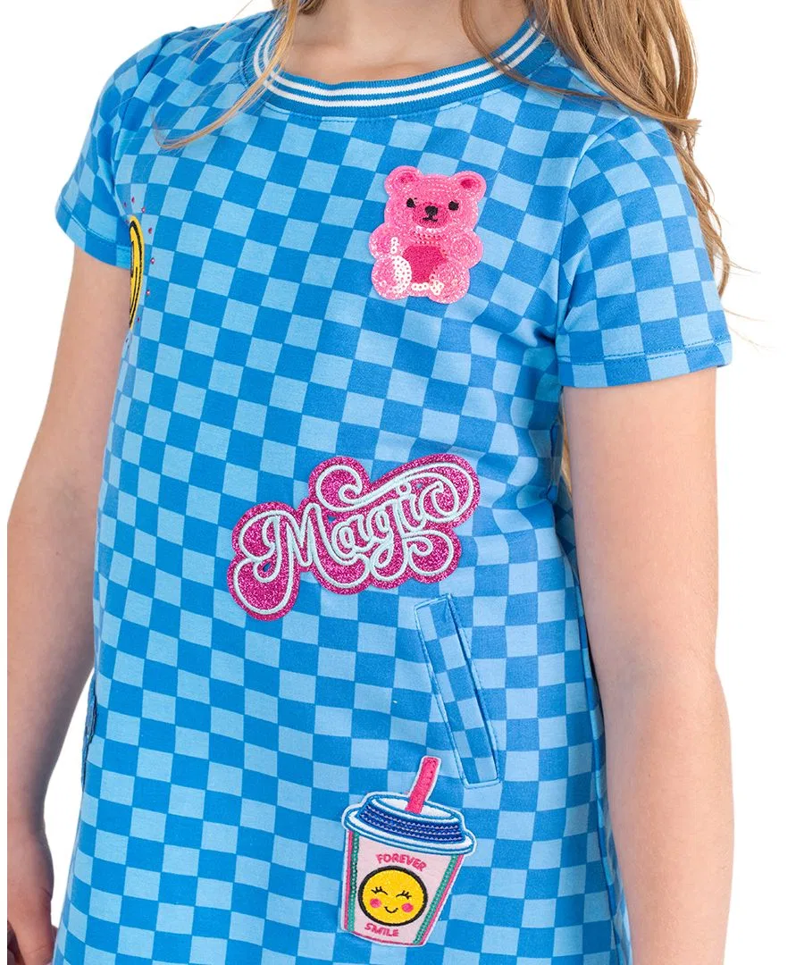 Платье-трапеция из хлопка с принтом, модель Checkered Applique Rare Editions, Blue — фото 2