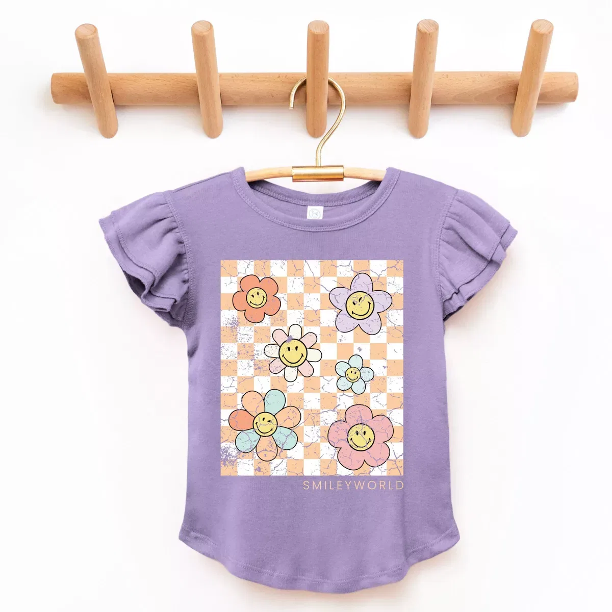 Детская футболка для девочек с принтом SmileyWorld Checkered Floral Distressed The Juniper Shop, White — фото 3