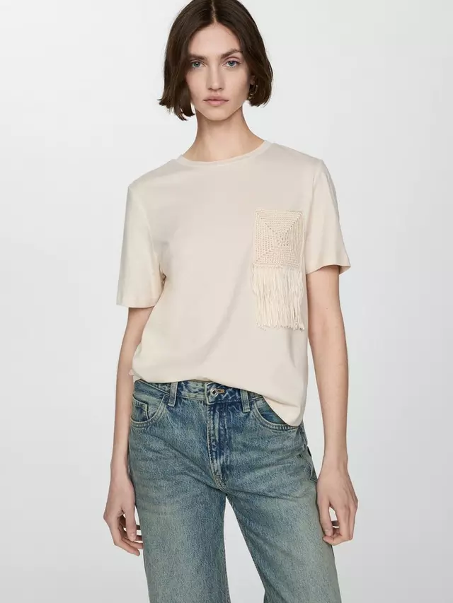 

Футболка Mango Patxi Crochet, цвет light beige
