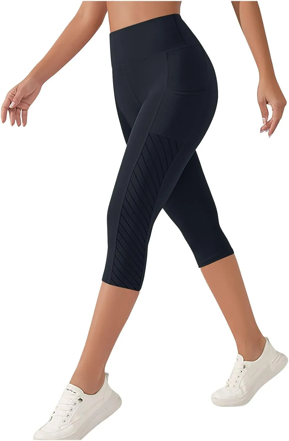 

Женские высокие капри для йоги с карманами и боковыми полосками