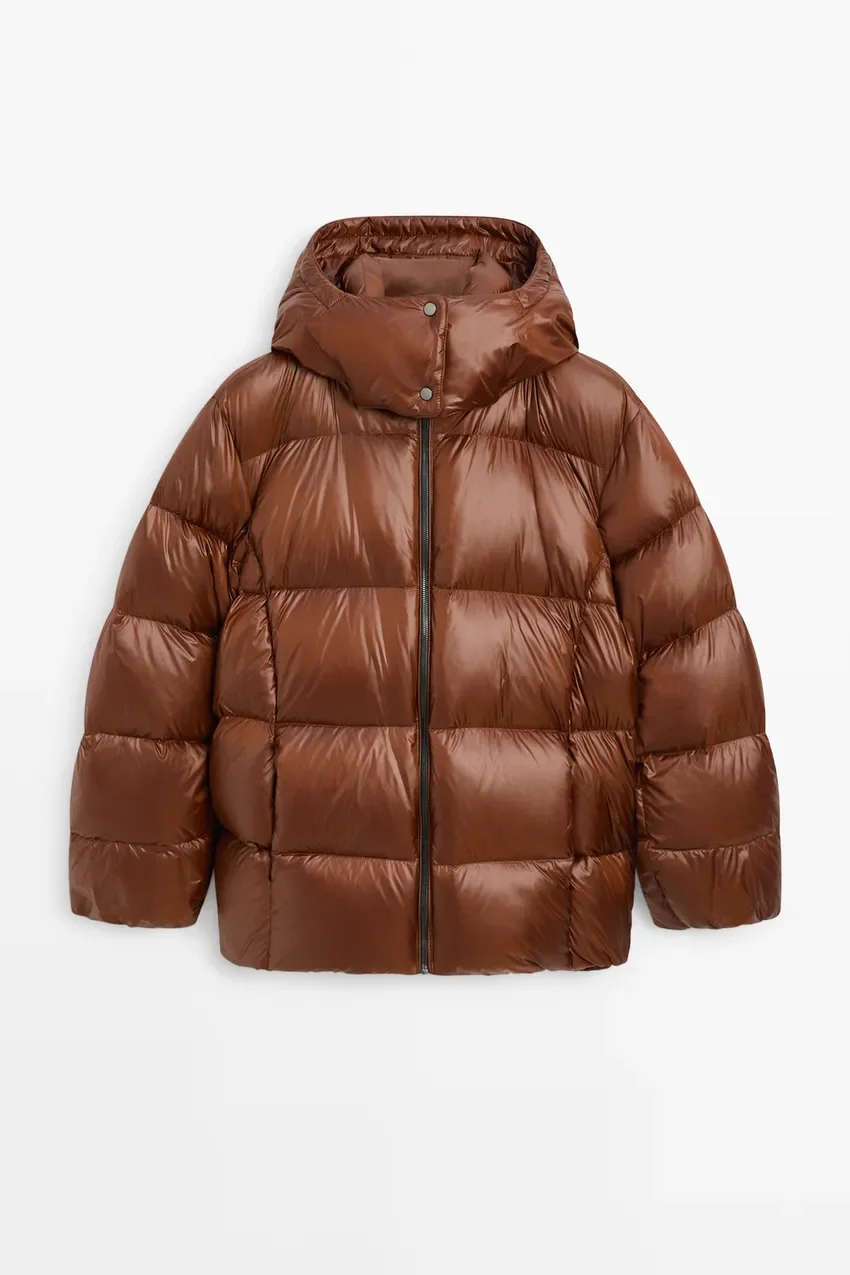 Пуховик Massimo Dutti Satin Down Jacket, карамель
