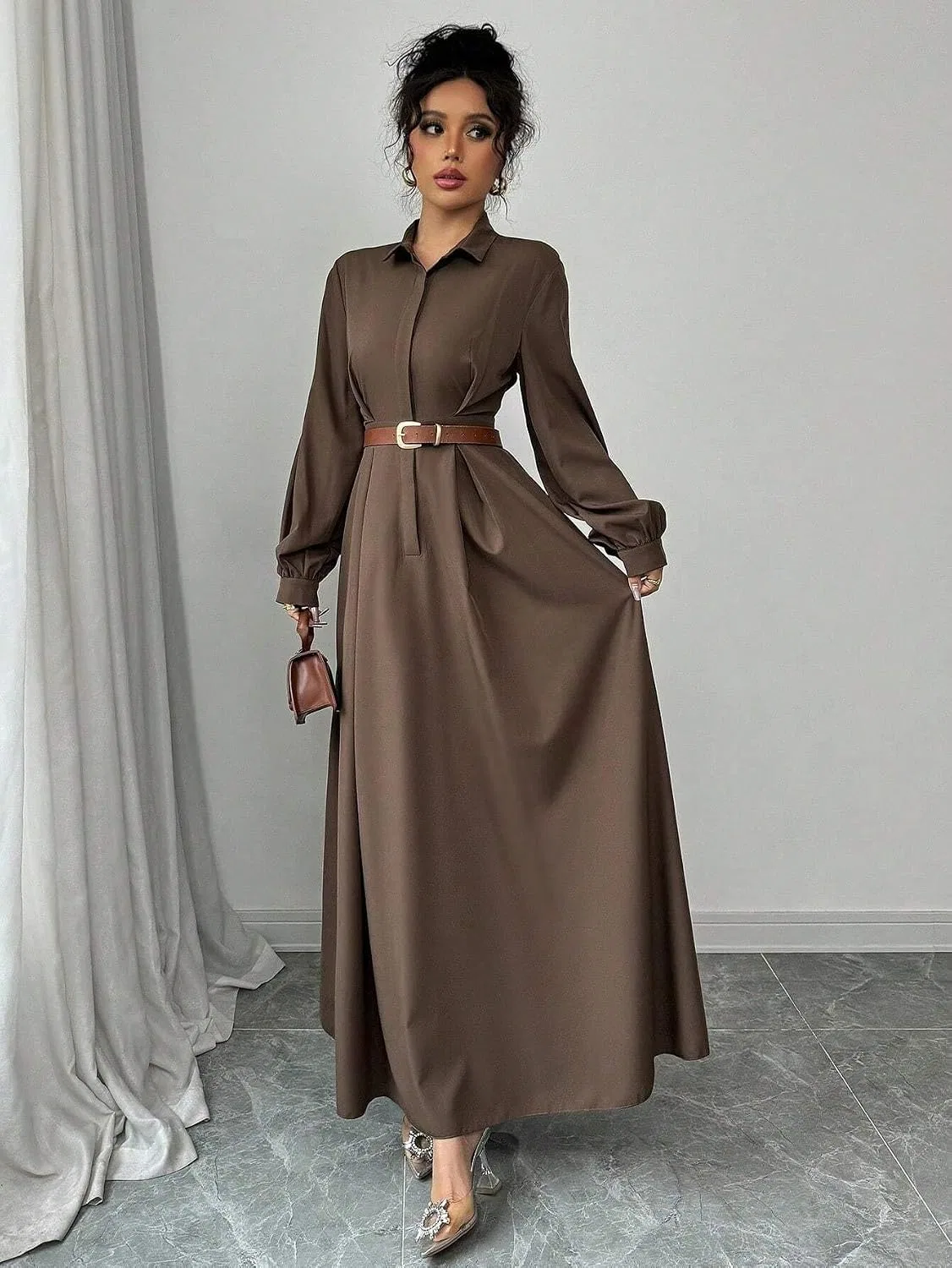 Женское платье-рубашка A-силуэта с воротником, Coffee Brown — фото 4