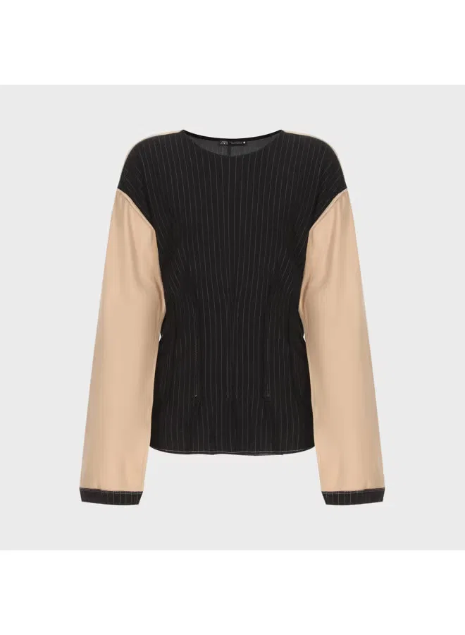 Блузка с цветными полосами и разрезными рукавами Zara, черный/верблюжий — фото 2
