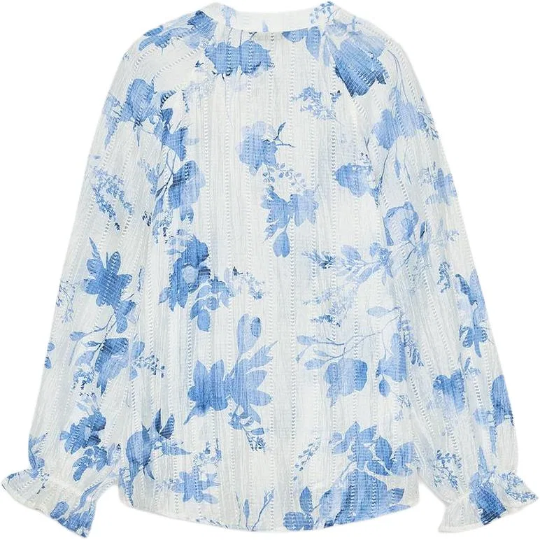 Женская рубашка с V-образным вырезом с длинным рукавом ZARA, Blue/White — фото 3