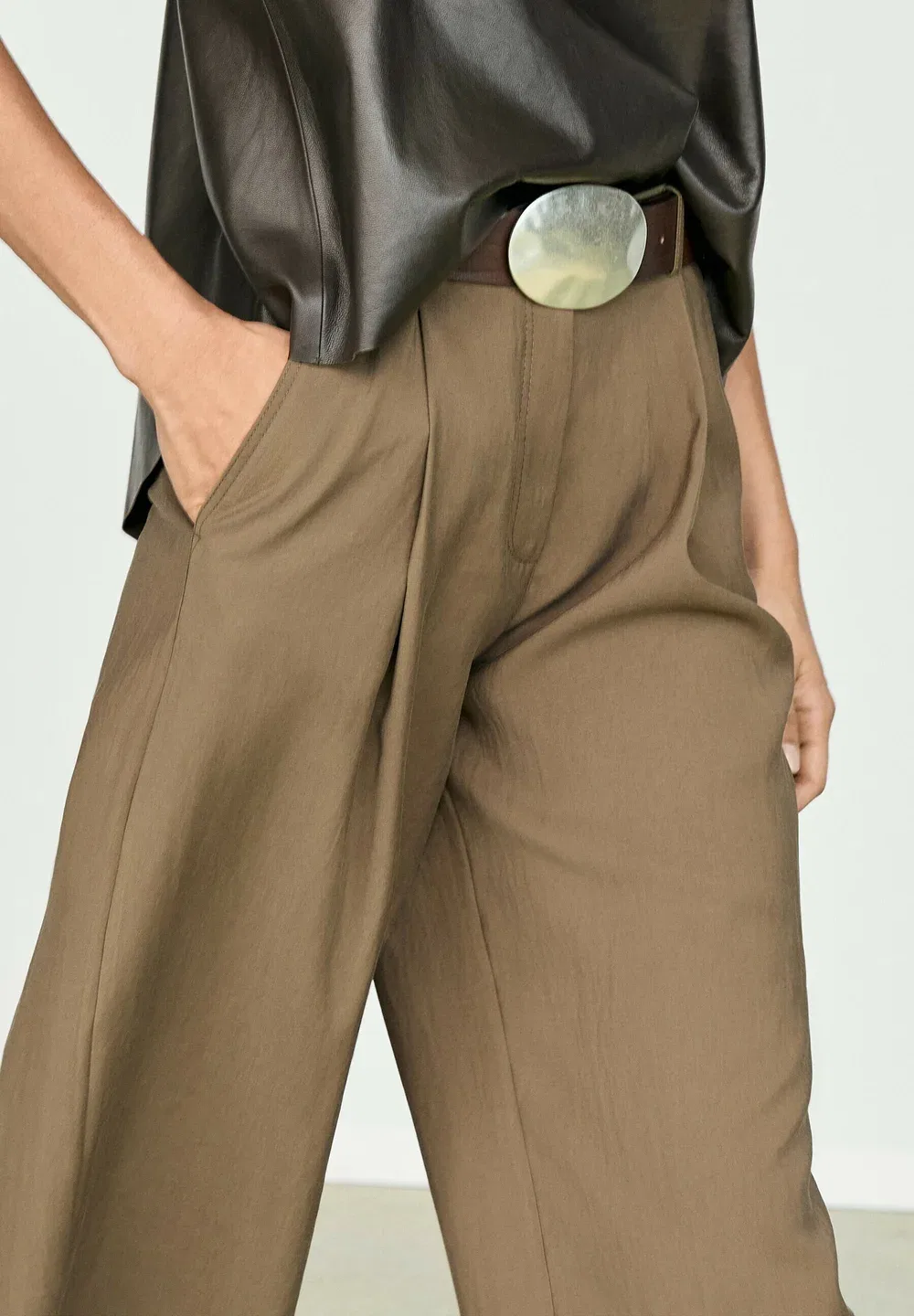 Свободные укороченные брюки с широкими штанинами Massimo Dutti, Khaki — фото 4