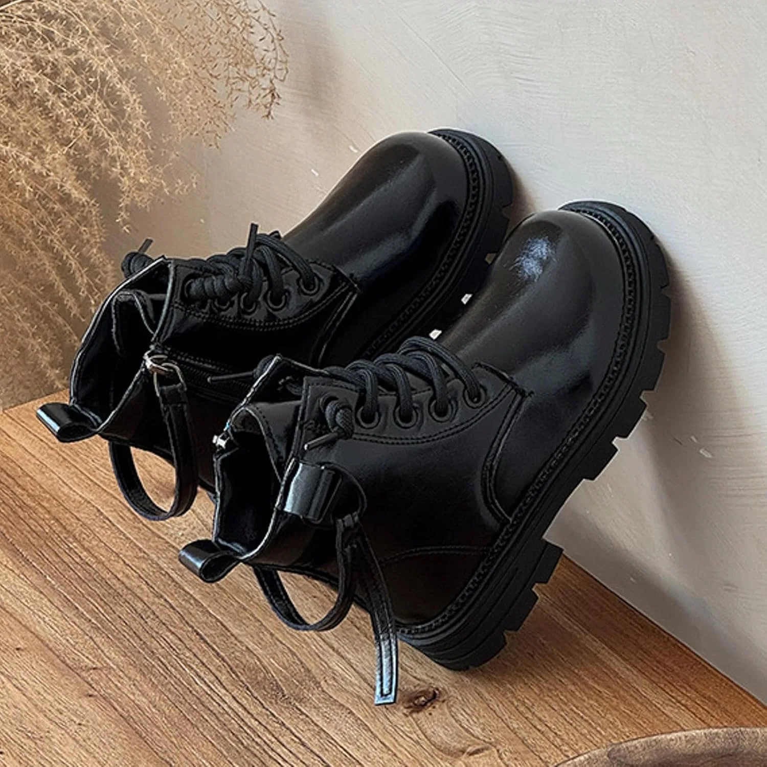 Детские белые ботинки на молнии и шнуровке для девочек, Black — фото 2