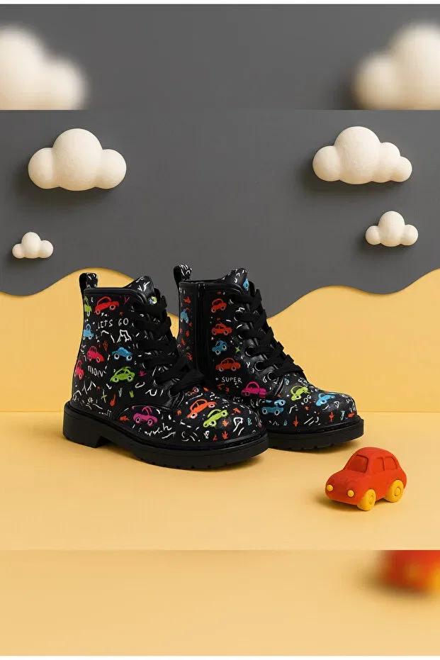 Детские ботинки для девочек с принтом Unisex patterned winter children's boots zippered lace-up comfortable and flexible soled daily black boots Zilvana, Multicolor — фото 2