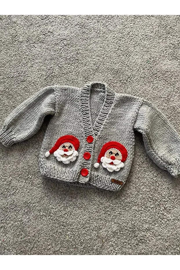 Детский кардиган с новогодним принтом Hand knitted christmas santa claus figured children's unisex cardigan Nevalin, Gri — фото 2
