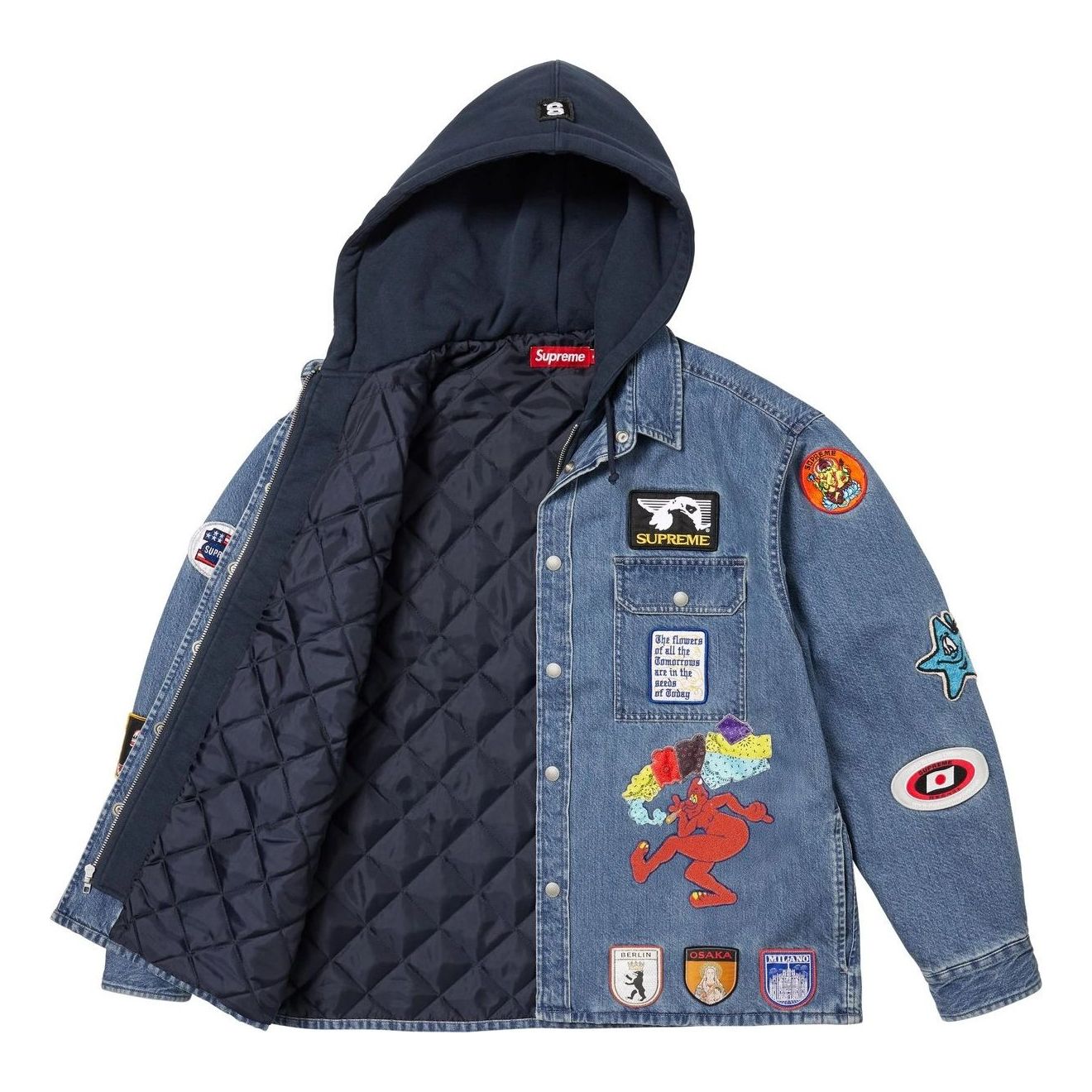 Рубашка на молнии с капюшоном Supreme Patches, цвет «джинсовый» — фото 2
