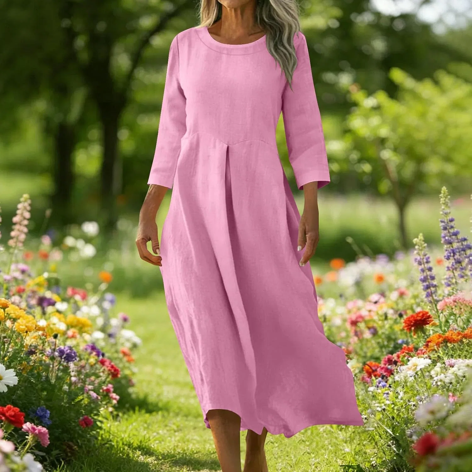 Женское летнее платье миди A-силуэта Cotton Linen, Pink — фото 2