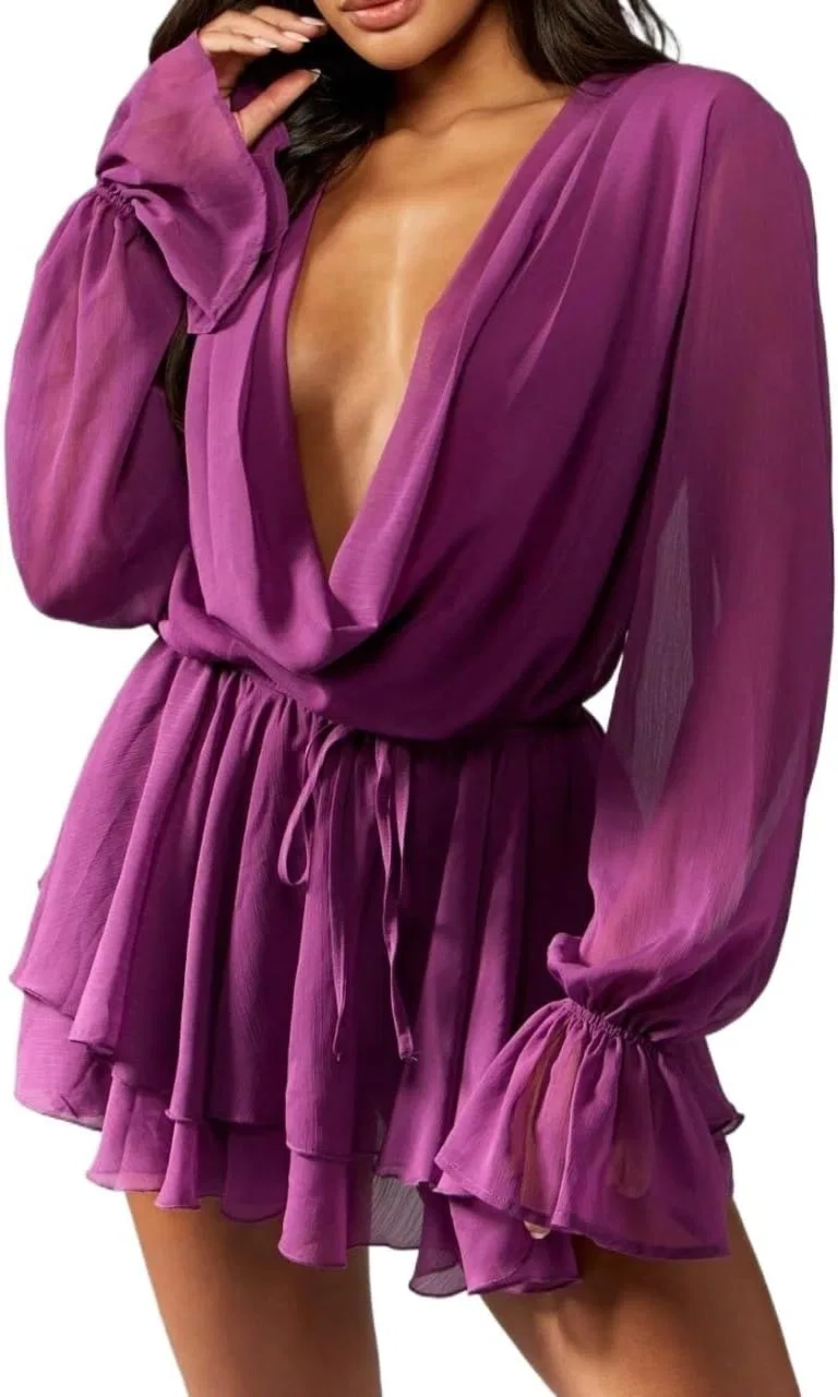 Женское платье с глубоким V-вырезом и рюшами, Purple