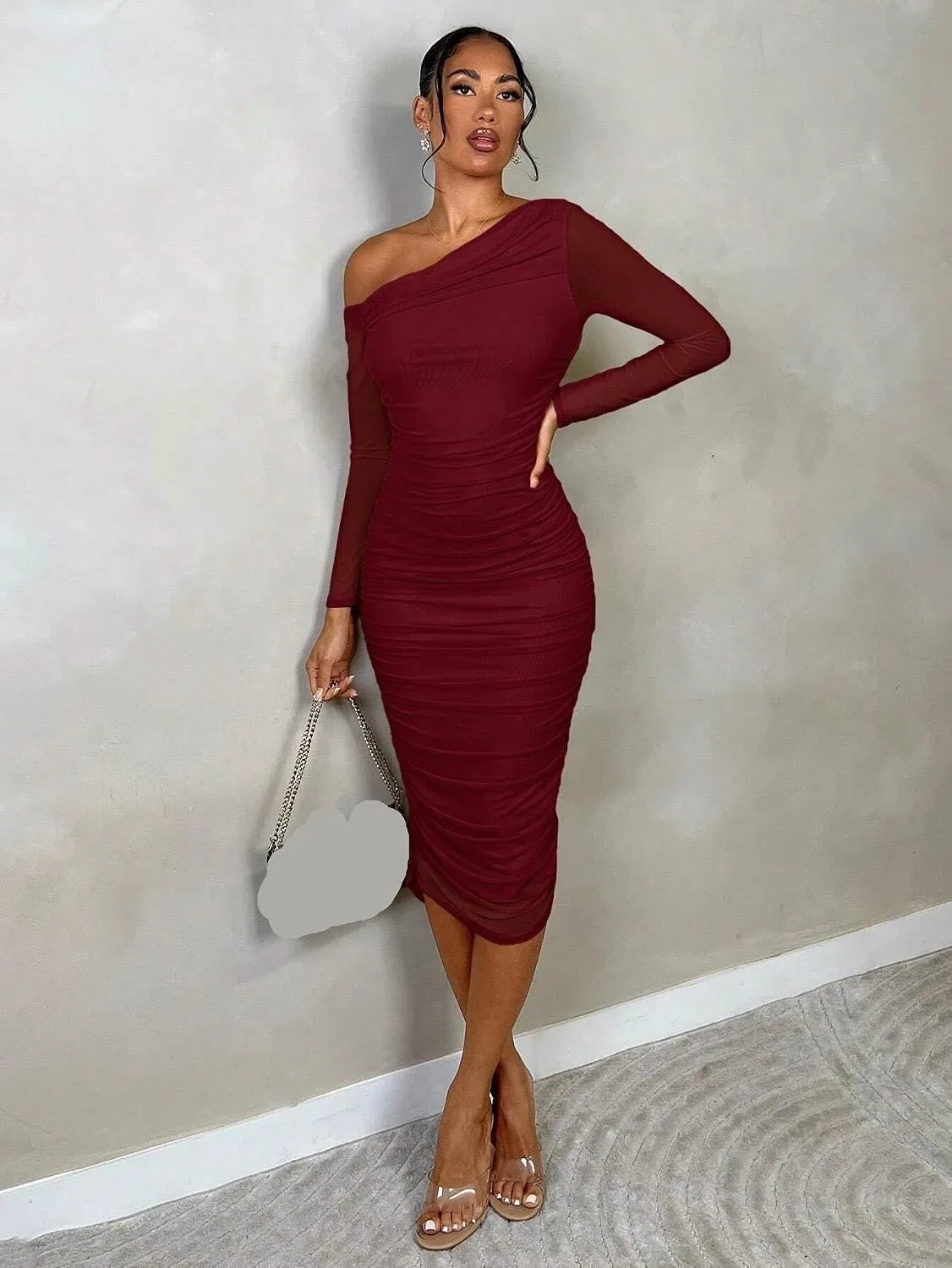 Женское платье миди с длинным рукавом Bodycon, Burgundy — фото 4