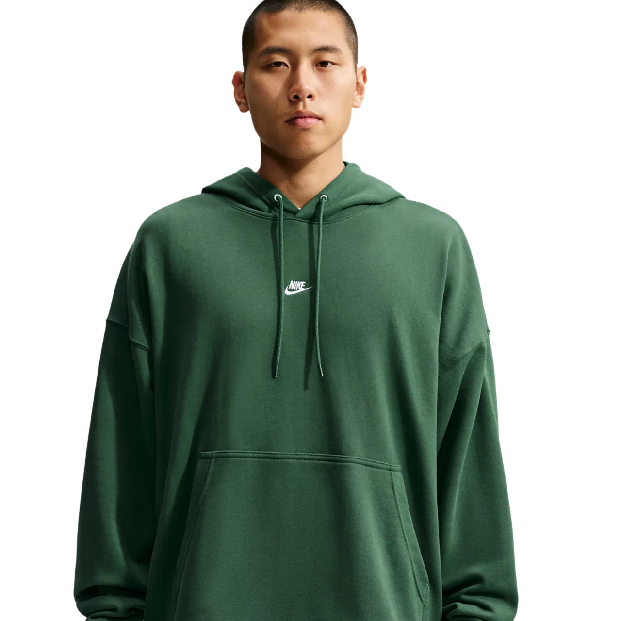 Мужской худи с капюшоном из тяжелого футера с вышитым логотипом Nike Club French Terry Pullover Hoodie, Fir/Fir/White