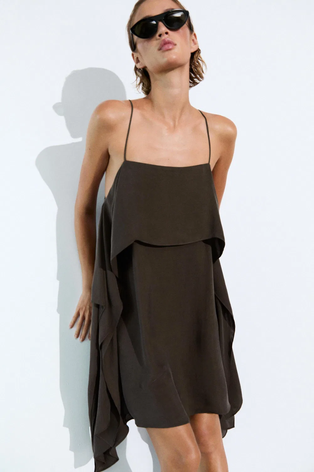 Мини-Платье на бретелях с оборками Massimo Dutti, коричневый